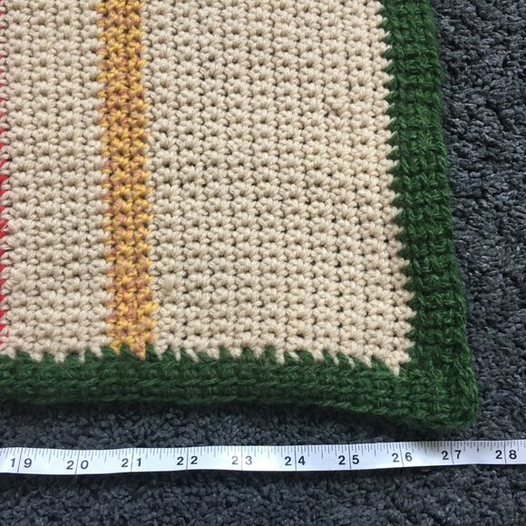 Hand Crocheted Square Cream Yellow Red Green Striped Mat Rug - Picture 13 of 16